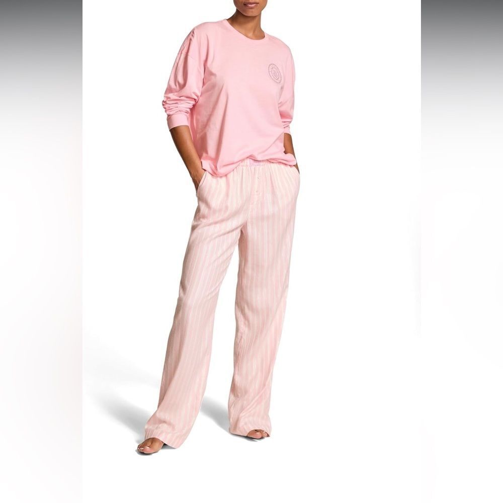 Victoria's Secret Pajama Set LongSleeve Cotton‎ T-Shirt Flannel Pants Pink nwt